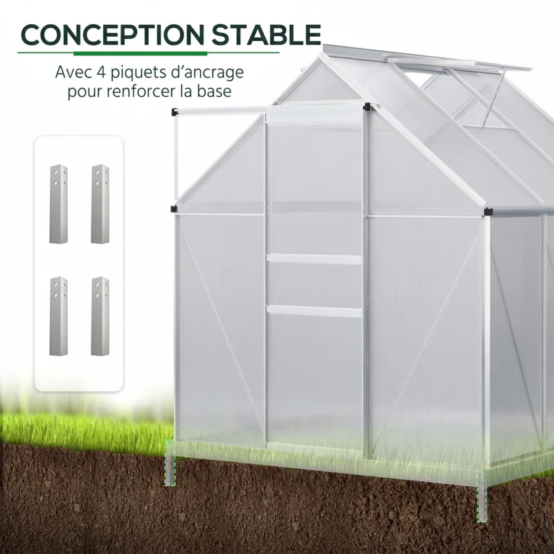 Outsunny Serre de jardin 3,6 m² en aluminium polycarbonate avec fondation, 190 x 190 x 200 cm, serre avec fenêtre réglable porte coulissante, abri extérieur résistant aux intempéries, argent
