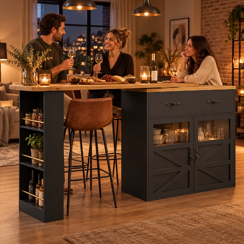 Uitschuifbare bartafel met 360° draaifunctie, opberglade en zijrek met 3 niveaus en verstelbare planken, MDF met reliëf, 204×39×104 cm, zwart
