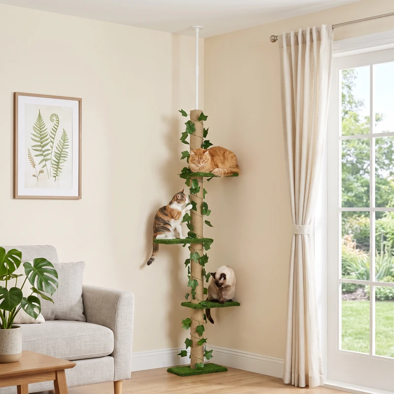PawHut 242cm Adjustable Floor-To-Ceiling Cat Tree, with Artificial Decoration, Perches, Anti-Slip Kit - Green