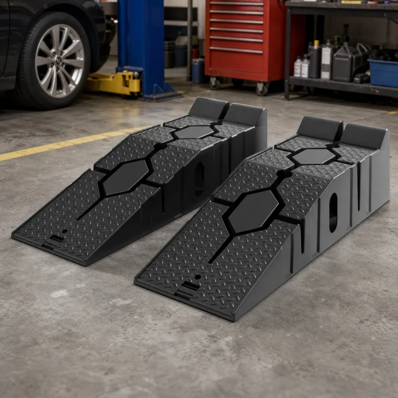 HOMCOM Juego 2 Rampas para Coches de HDPE Carga 2 Toneladas para Coches Estándares Furgonetas Pequeñas 90x29,5x22,5 cm Negro