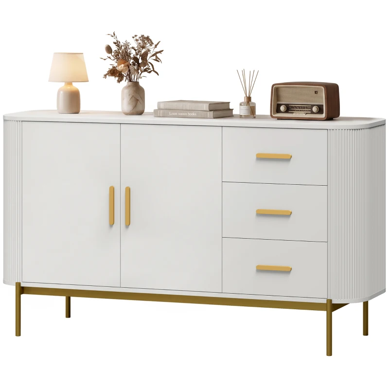 HOMCOM Sideboard, 140 cm Küchenschrank im modernen Rillen-Design mit 3 Schubladen, verstellbarem Einlegeboden und Metallbeinen