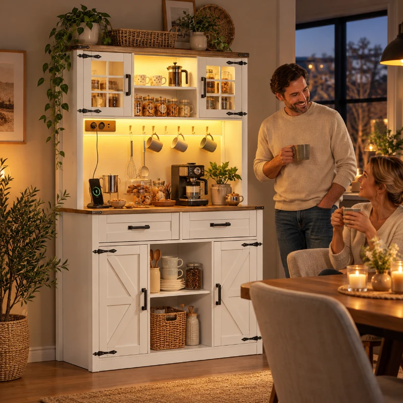 Barkast in schuurdeur-design met instelbare RGB-LED-verlichting en afstandsbediening, verstelbare legplanken, 100×40×172 cm, bruin en wit
