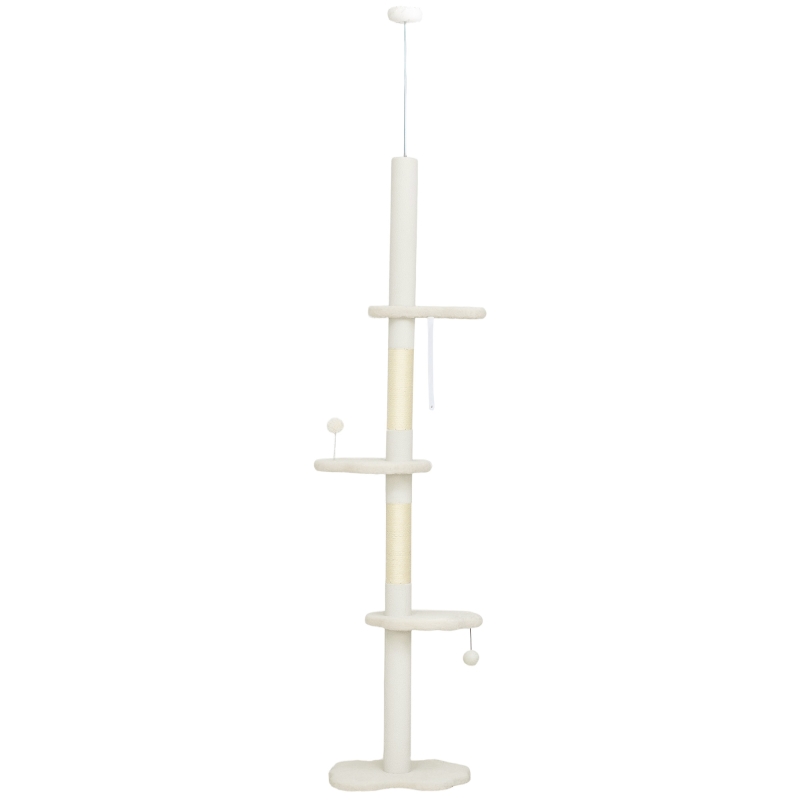 PawHut 225-255 cm Adjustable Cat Climbing Tower with Sisal Scratching Posts, 2 Hanging Play Balls and Anti-Tip Strap, Beige