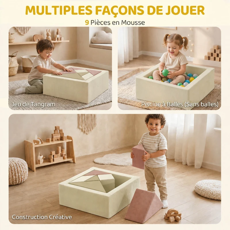 AIYAPLAY Parcours motricité bébé 9PCS avec piscine à balles, module en mousse souple avec housse en velours côtelé, multicolore