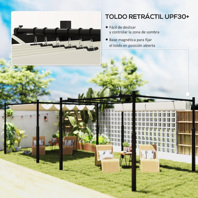 Outsunny Pérgola de Jardín 3x3 m con Techo Retráctil y Accesorio Magnético Protección UV30+ Columnas Metálicas y Ganchos Crema