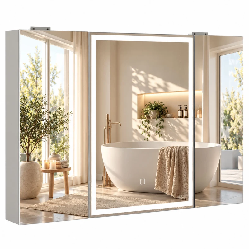 HOMCOM Armario de Baño con Espejo de LED Toma de Corriente 3 Puertas Antivaho Estantes Ajustables de Vidrio Templado Blanco