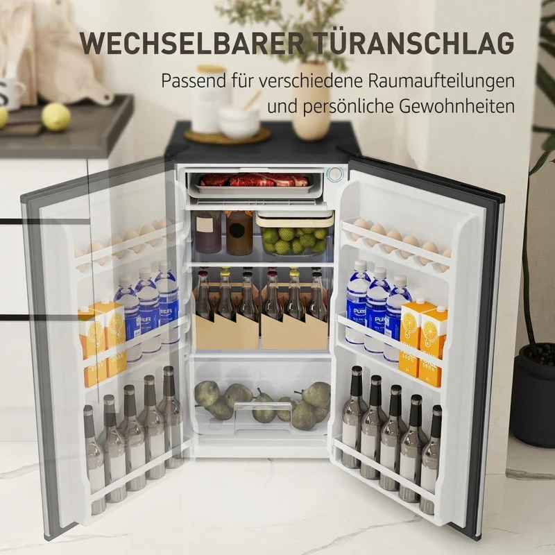 HOMCOM Mini-Kühlschrank, 91 Liter Kapazität, Gefrierfach, verstellbare Fächer, leiser Betrieb, kompakte Größe, Stahl, Silber