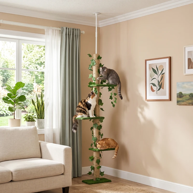 PawHut Árvore para Gatos do Chão ao Teto 37x21x202-242 cm com 4 Plataformas de Relva Artificial Folhas Artificiais e Poste de Juta Verde