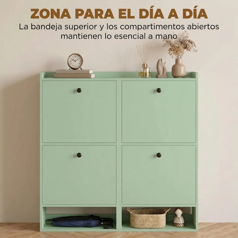 HOMCOM Zapatero Recibidor Entrada con 4 Cajones Abatibles y Estante Abierto Estantes Ajustables Encimera hasta 16 Pares Verde