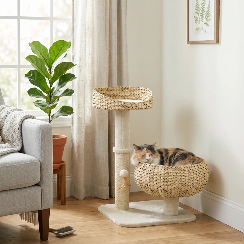 PawHut Arbre à chat griffoir 2 niveaux hauteur 72 cm poteau sisal avec niche et plateforme 1 balle suspendue