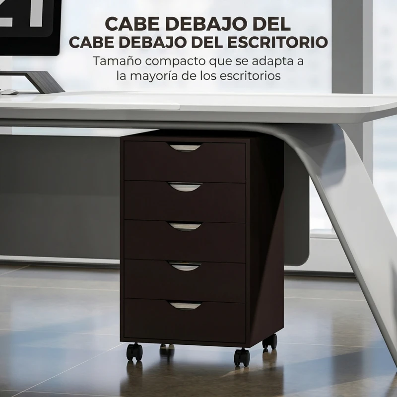HOMCOM Cajonera Oficina con Ruedas y 5 Cajones Archivador Móvil para Estudio Salón 40x40x68,5 cm Marrón