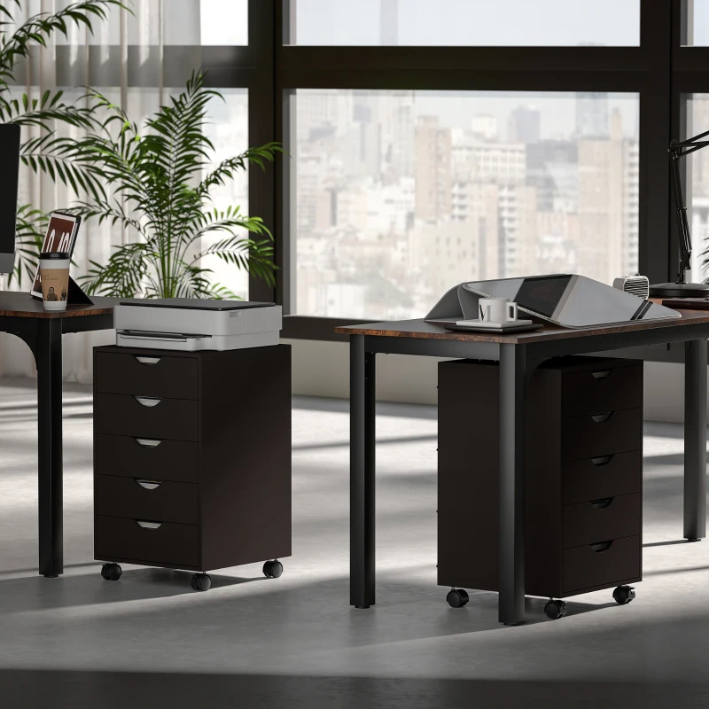 HOMCOM Cajonera Oficina con Ruedas y 5 Cajones Archivador Móvil para Estudio Salón 40x40x68,5 cm Marrón