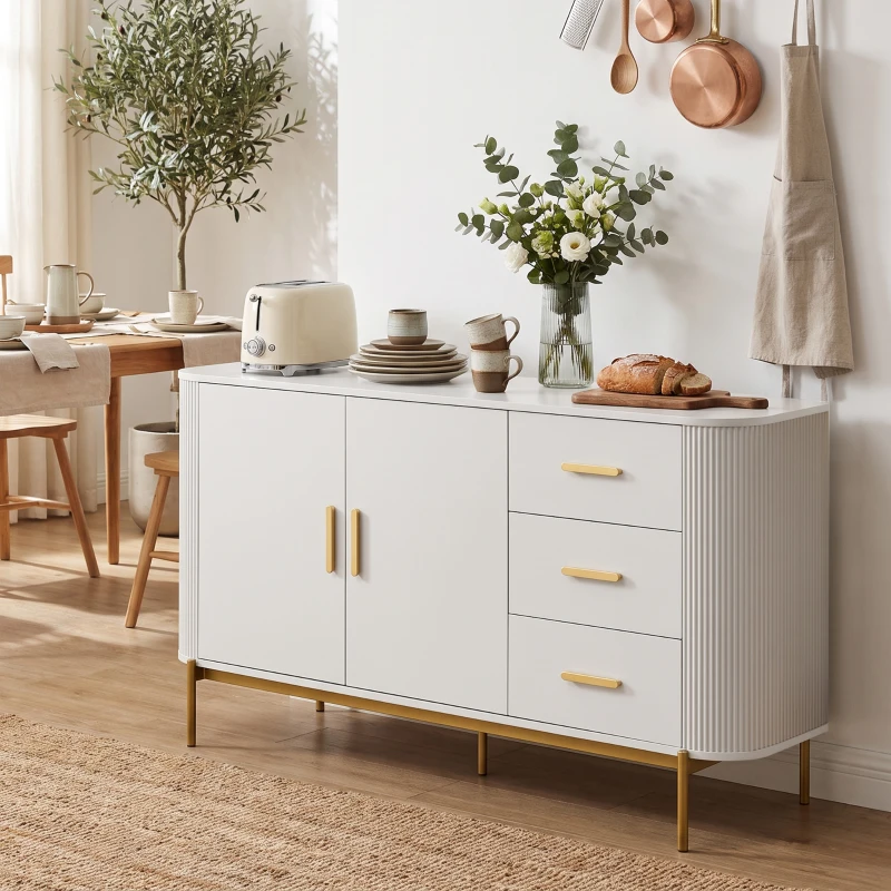 HOMCOM Sideboard, 140 cm Küchenschrank im modernen Rillen-Design mit 3 Schubladen, verstellbarem Einlegeboden und Metallbeinen