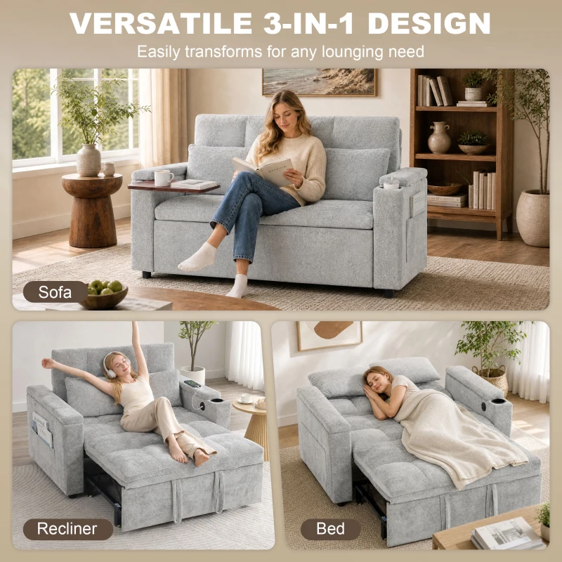 HOMCOM 2 Seater Sofa Bed, 3-in-1 Convertible Pull Out Sleeper Bed with Hidden Table, USB Port, Armrest Storage, Grey