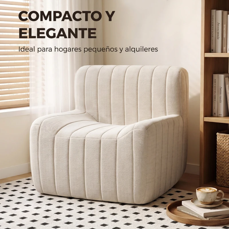 HOMCOM Sillón Relax Sofá Individual de Chenilla Moderna Acolchado de Espuma de Alta Densidad Diseño Comprimido Beige