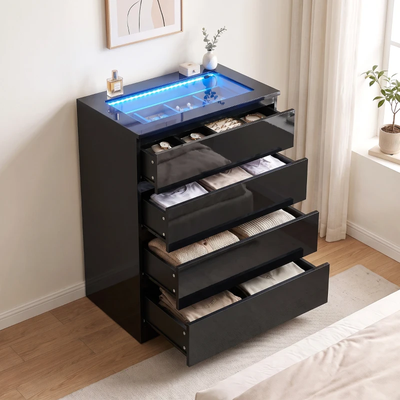 HOMCOM High Gloss 4 Drawer Chest of Drawers with Glass Top and RGB LED Lights, Dresser w/ Jewelry Organizer, APP Control, Black