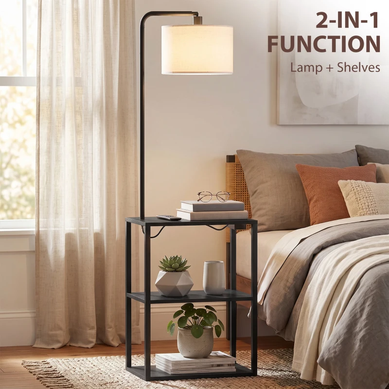 HOMCOM Dimmable Floor Lamp with Shelves, Charging Station, 3-Tier Storage Table, Adjustable Fabric Lampshade, Black
