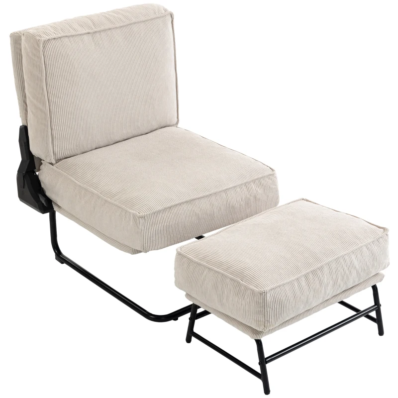 HOMCOM Sillón con Reposapiés Respaldo Ajustable Sillón de Lectura de Pana con Asiento Ancho Acolchado Grueso Crema