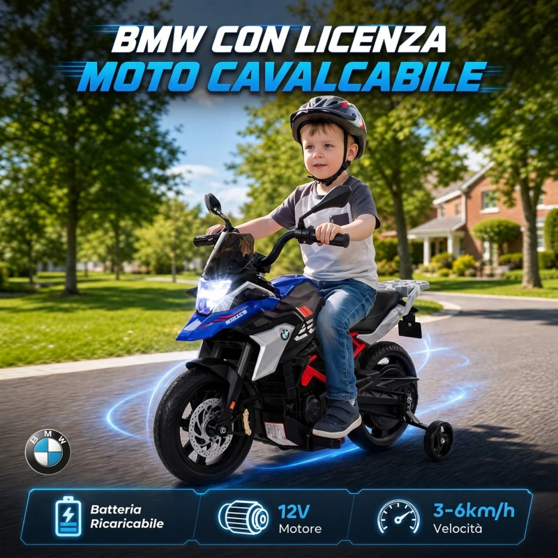 AIYAPLAY Moto Elettrica per Bambini 3-8 Anni 12V Licenza BMW G310 GS, Batteria al Litio, Rotelle Rimovibili, Blu
