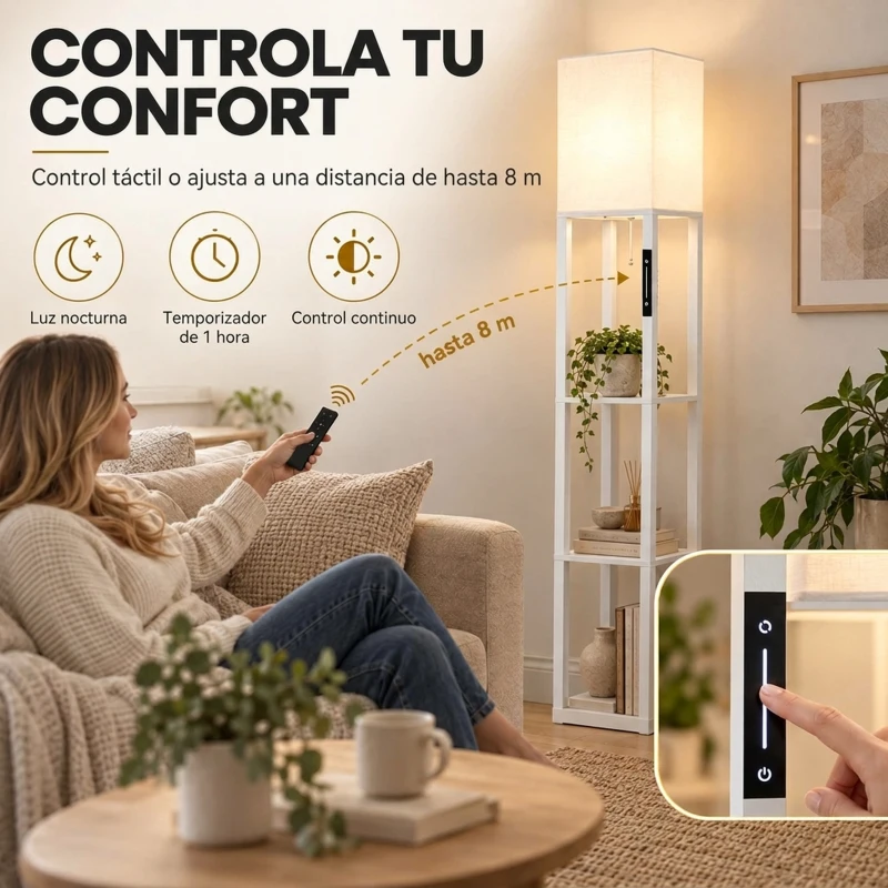 HOMCOM Lámpara de Pie con 3 Estantes Luz LED Regulable Control Táctil y Remoto Pantalla de Tela Bombilla Incluida Blanco