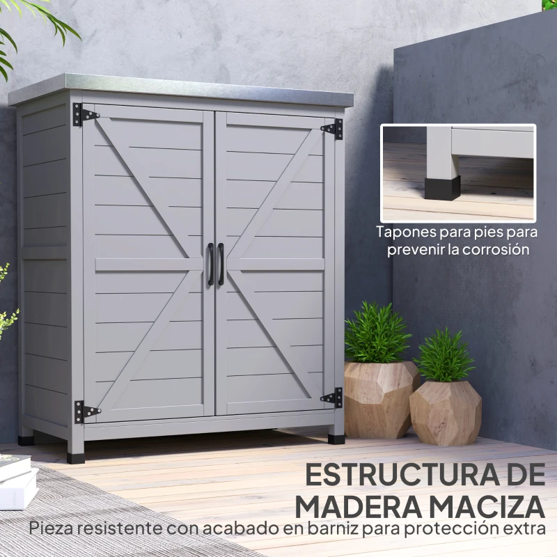 Outsunny Caseta de Jardín Exterior de Madera con Techo de Acero y 2 Puertas para Almacenamiento Herramientas 79x43x92 cm Gris