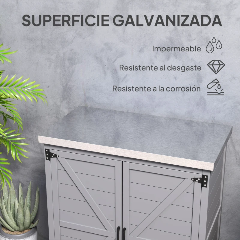 Outsunny Caseta de Jardín Exterior de Madera con Techo de Acero y 2 Puertas para Almacenamiento Herramientas 79x43x92 cm Gris