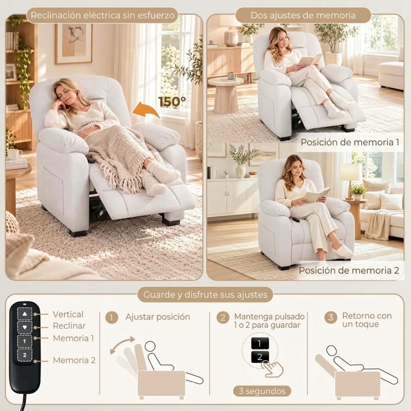 HOMCOM Sillón Relax Reclinable Eléctrico Silencioso con Función Memoria Reposapiés Mando a Distancia Bolsillos Laterales Crema