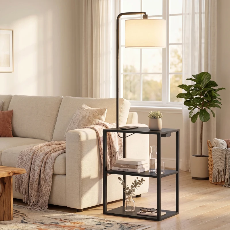 HOMCOM Dimmable Floor Lamp with Shelves, Charging Station, 3-Tier Storage Table, Adjustable Fabric Lampshade, Black