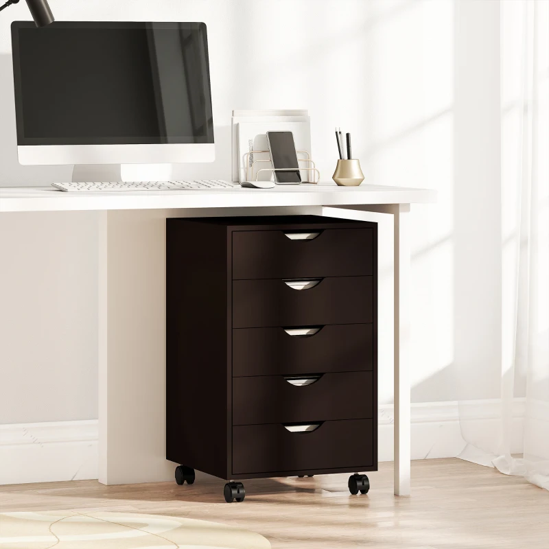 HOMCOM Cajonera Oficina con Ruedas y 5 Cajones Archivador Móvil para Estudio Salón 40x40x68,5 cm Marrón