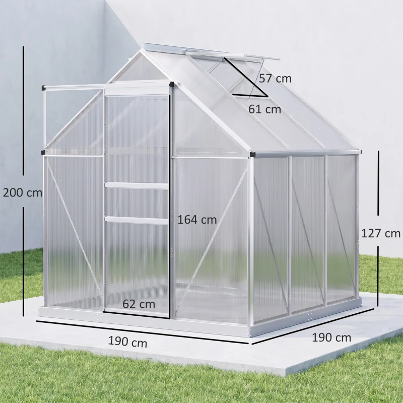 Outsunny Serre de jardin 3,6 m² en aluminium polycarbonate avec fondation, 190 x 190 x 200 cm, serre avec fenêtre réglable porte coulissante, abri extérieur résistant aux intempéries, argent