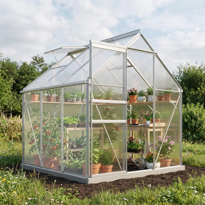 Outsunny Serre de jardin 3,6 m² en aluminium polycarbonate avec fondation, 190 x 190 x 200 cm, serre avec fenêtre réglable porte coulissante, abri extérieur résistant aux intempéries, argent