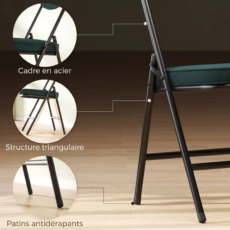 HOMCOM Lot de 2 chaises pliantes chaises de salle à manger portables avec assises et dossiers rembourrés en velours côtelé bleu