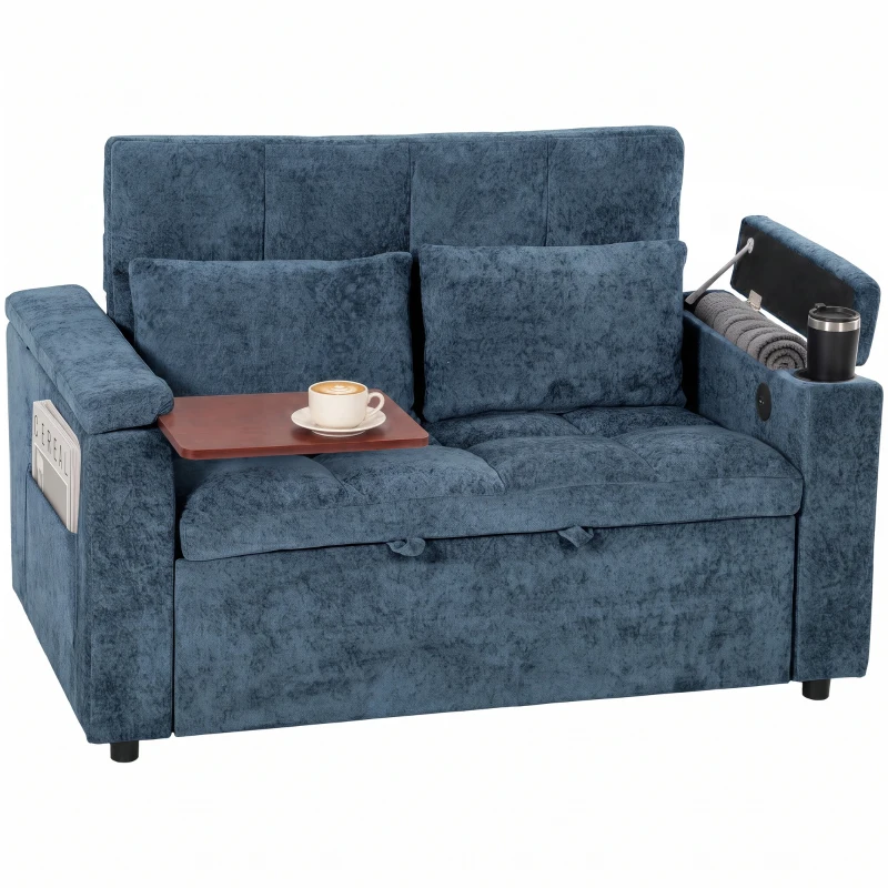 HOMCOM 2 Seater Sofa Bed, 3-in-1 Convertible Pull Out Sleeper Bed with Hidden Table, USB Port, Armrest Storage, Dark Blue