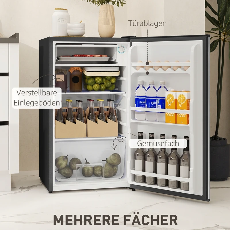 HOMCOM Mini-Kühlschrank, 91 Liter Kapazität, Gefrierfach, verstellbare Fächer, leiser Betrieb, kompakte Größe, Stahl, Silber