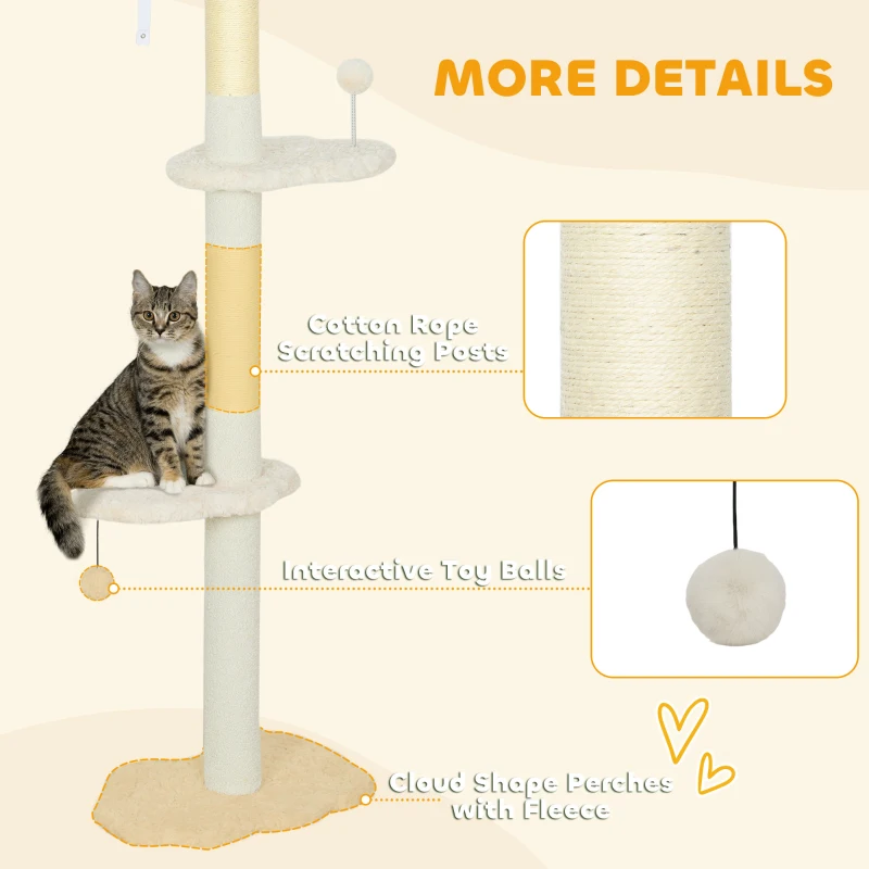 PawHut 225-255 cm Adjustable Cat Climbing Tower with Sisal Scratching Posts, 2 Hanging Play Balls and Anti-Tip Strap, Beige