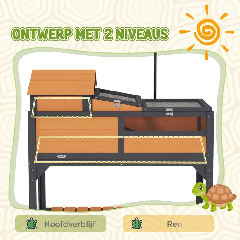PawHut Houten schildpaddenhuis 2-laags met plank, lamphouder, acrylvenster en klapdak