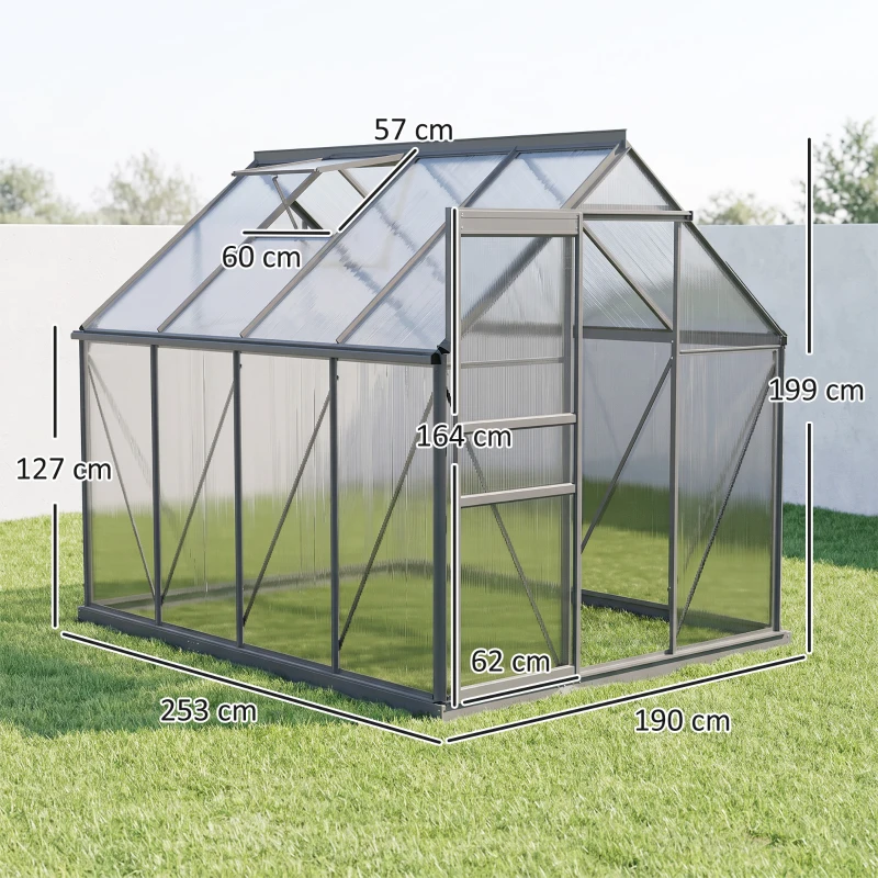 Outsunny Serre de jardin en polycarbonate 4,8 m²avec fondation, lucarne réglable, porte coulissante 1,9x2,53x1,99m transparent