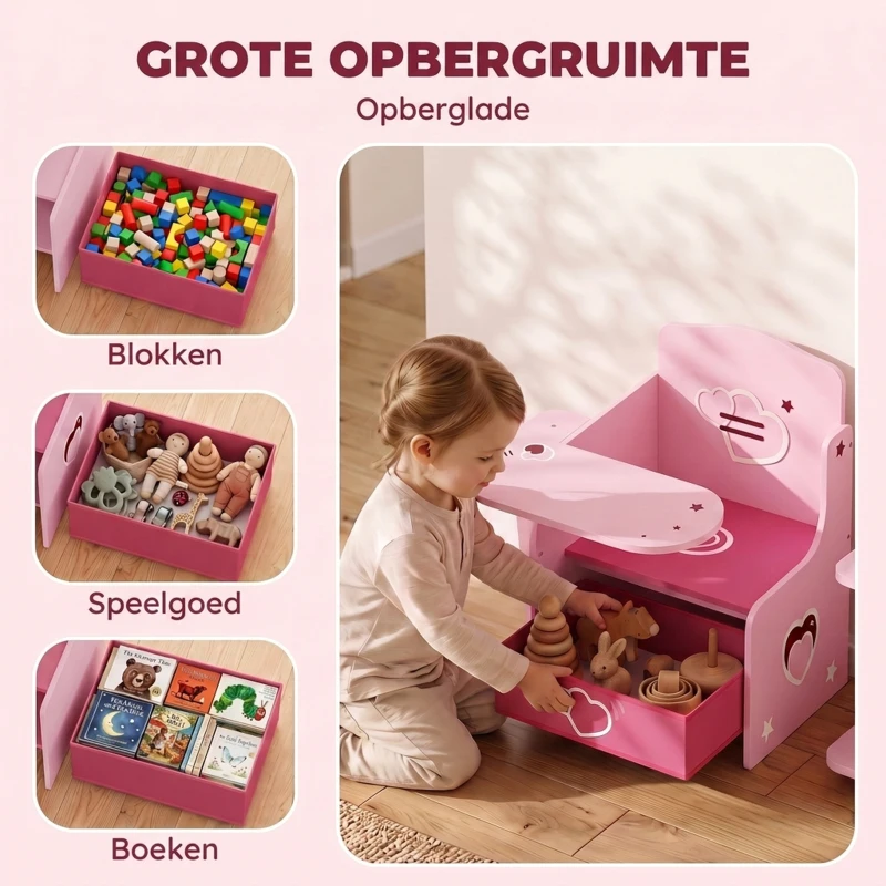 AIYAPLAY Kindertafel met Stoel 2-in-1, Kinderzitgroep met Opbergruimte, Ruimtebesparend, voor 3-5 Jaar, Roze