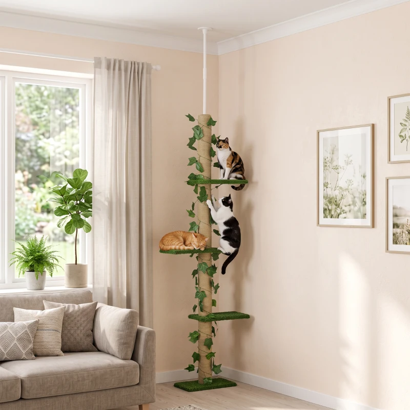 PawHut Árvore para Gatos do Chão ao Teto 37x21x202-242 cm com 4 Plataformas de Relva Artificial Folhas Artificiais e Poste de Juta Verde