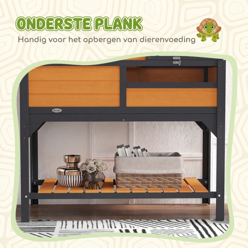 PawHut Houten schildpaddenhuis 2-laags met plank, lamphouder, acrylvenster en klapdak