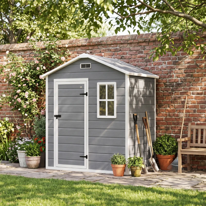 Outsunny Abri de Jardin en Résine 1,9m² avec Plancher, Toit Pointu, Fenêtre, 2 Aérations, Porte Verrouillable 182x121x200cm, Gris