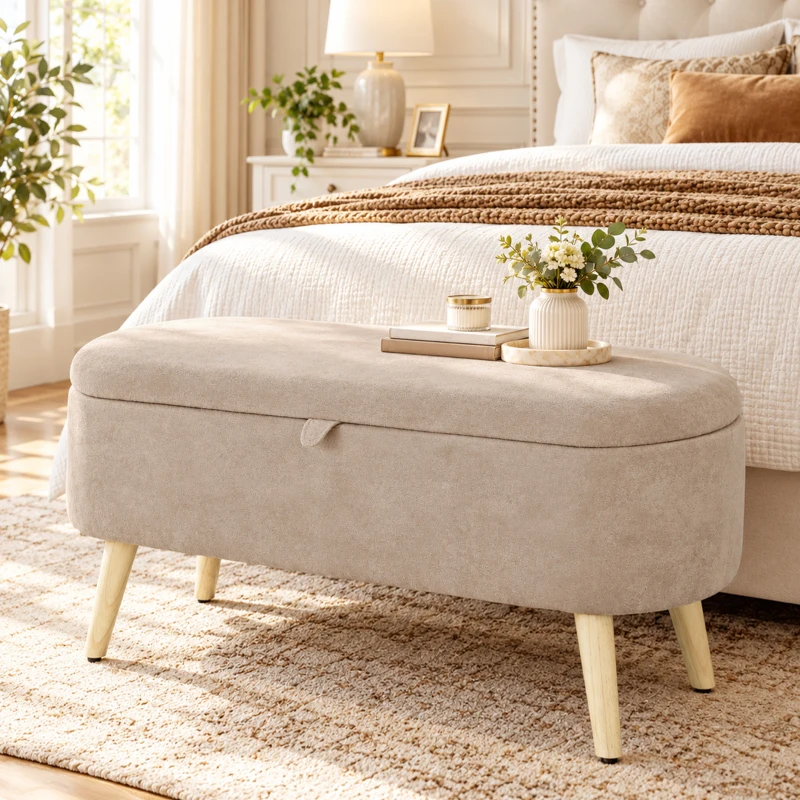HOMCOM Aufbewahrungsbank aus Sherpa-Fleece Sitzbank mit Stauraum mit Holzbeinen in Beige
