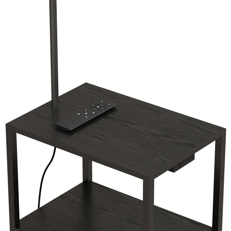 HOMCOM Dimmable Floor Lamp with Shelves, Charging Station, 3-Tier Storage Table, Adjustable Fabric Lampshade, Black