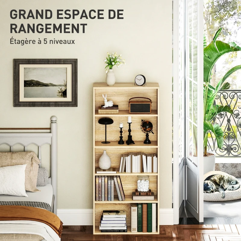 HOMCOM Bibliothèque étagère de rangement 5 niveaux avec étagères réglables pour salon, chambre, bureau, 60x24x133,5cm, naturel