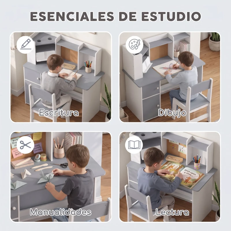 AIYAPLAY Escritorio Infantil con Silla Soporte Ajustable para Tablet Portalápices Tablero de Corcho Estantes Armarios Gris