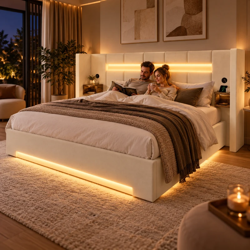 Multifunctioneel gestoffeerd bed in fluweel met extra breed hoofdeinde en dubbele USB-poorten, onderbed-opbergruimte met stille, 225×212×103 cm, beige