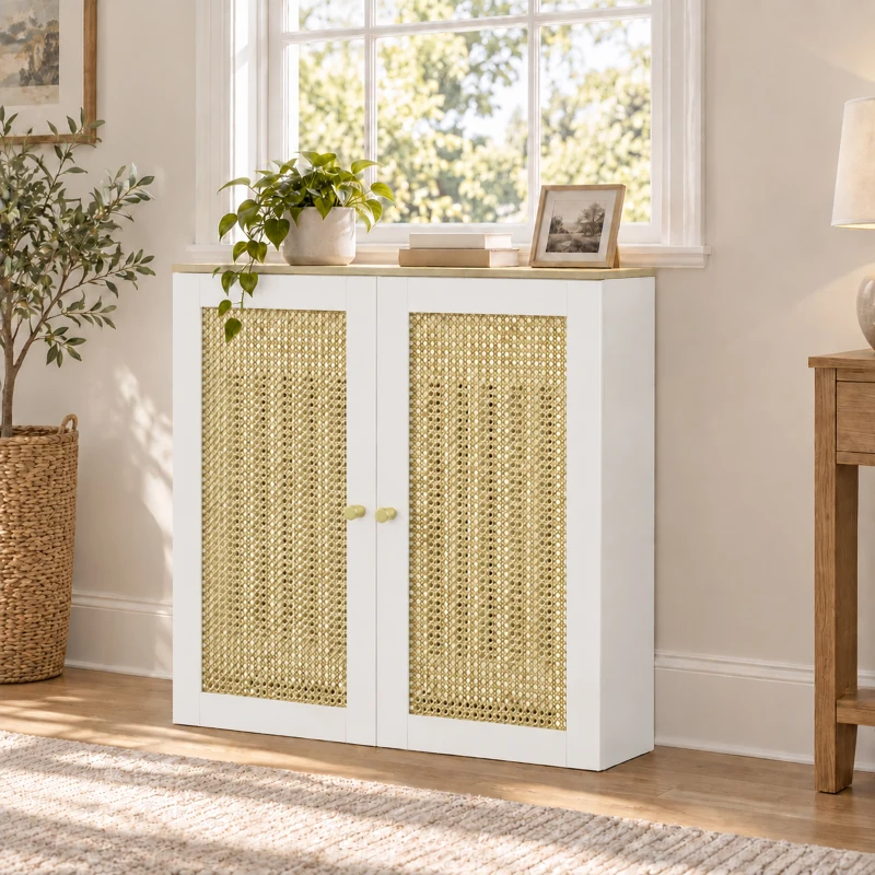 HOMCOM Cubre Radiadores con 2 Puertas de Ratán Cubreradiador Cubierta para Radiador para Salón Dormitorio 78x19x75 cm Blanco