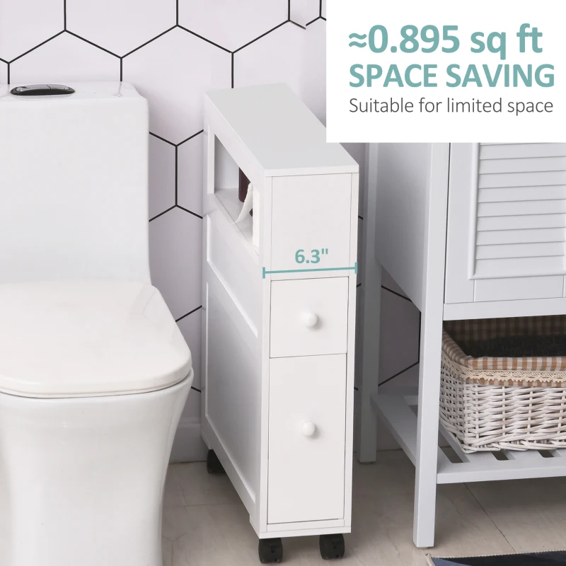 HOMCOM Rolling Bathroom Storage Cabinet Slim Side Holder Organizer with Drawers-White