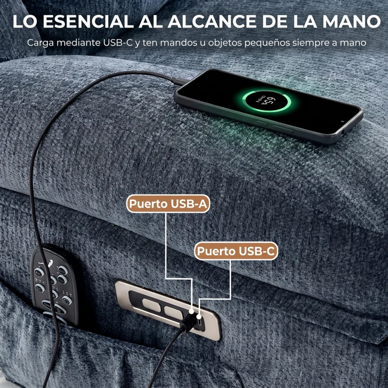 HOMCOM Sillón Relax Reclinable Eléctrico con Calor Lumbar Masaje Giro y Balanceo Reposapiés Asiento Extraancho Puerto USB Azul
