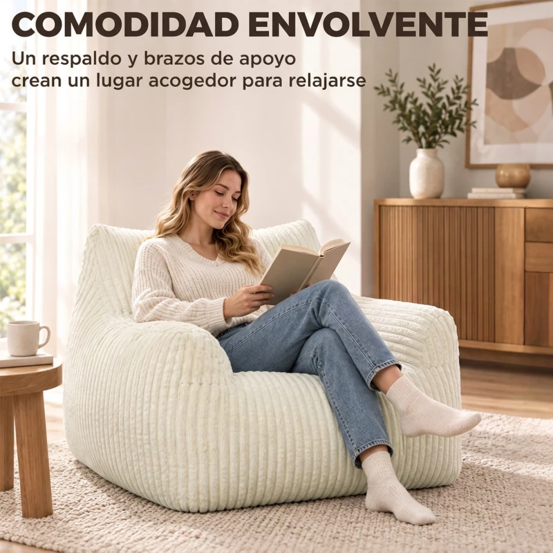 HOMCOM Sillón de Suelo de Pana con Respaldo Reposabrazos Acolchado Grueso Sin Estructura Sin Montaje Blanco Crema